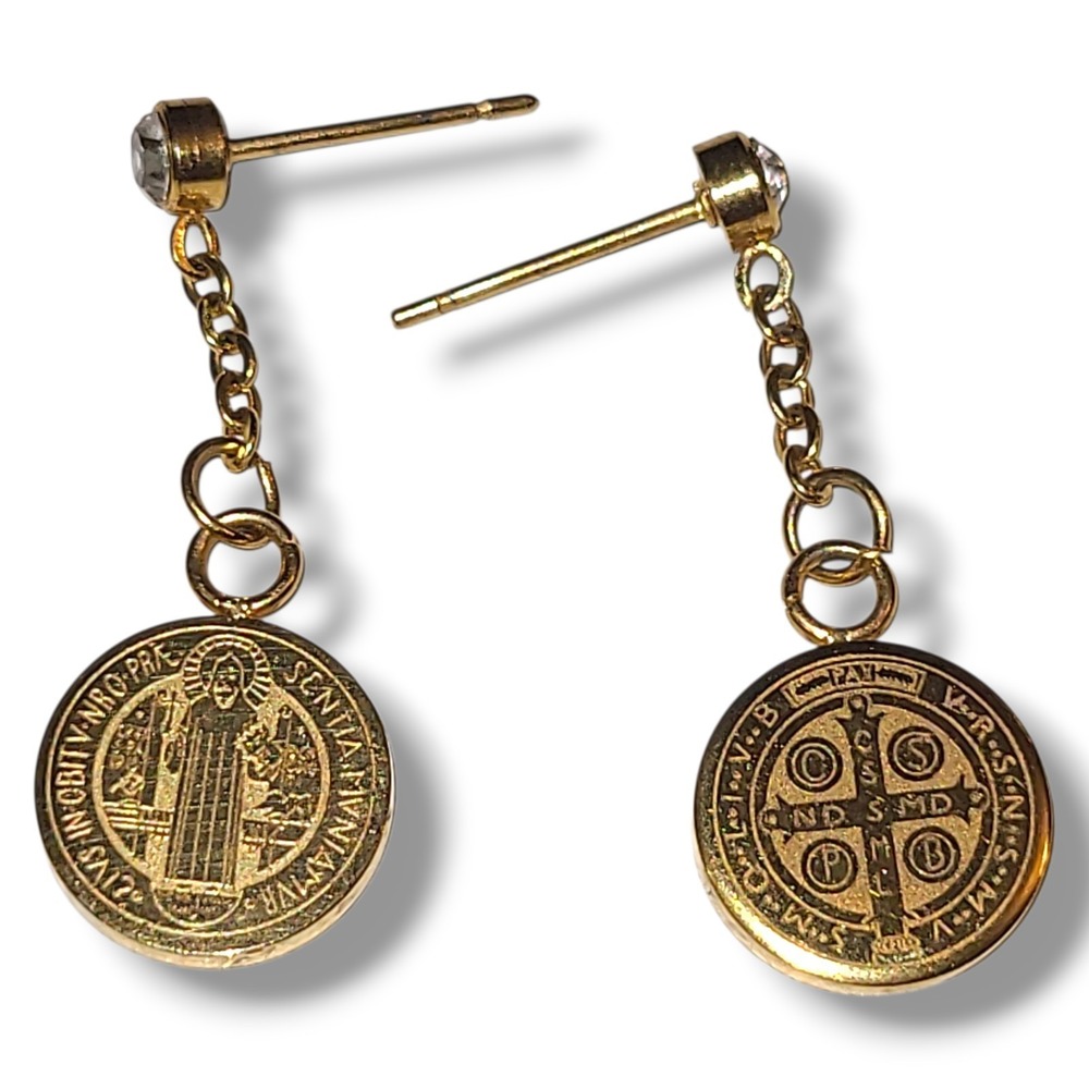 Gold Plated St Benedict Medal Dangle Earrings Religious Catholic Pierced